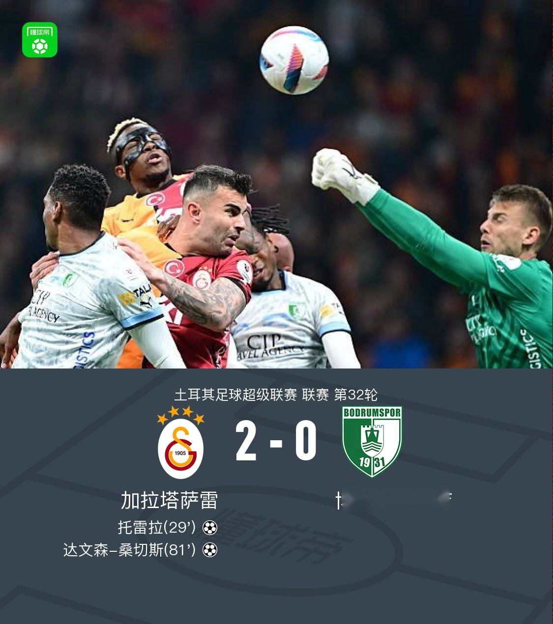 加拉塔萨雷2-0博德鲁姆体育，托雷拉破门，达文森-桑切斯锦上添花